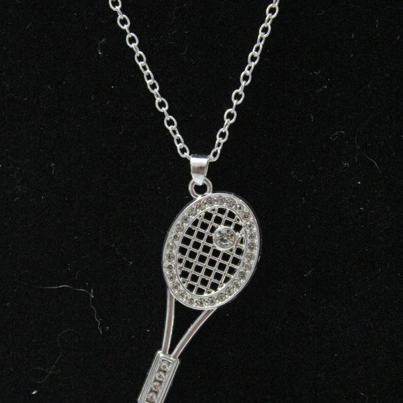 New Fashion Silver Tone Tennis Racquet with Rhinestones Necklace N39 - Picture 2 of 4